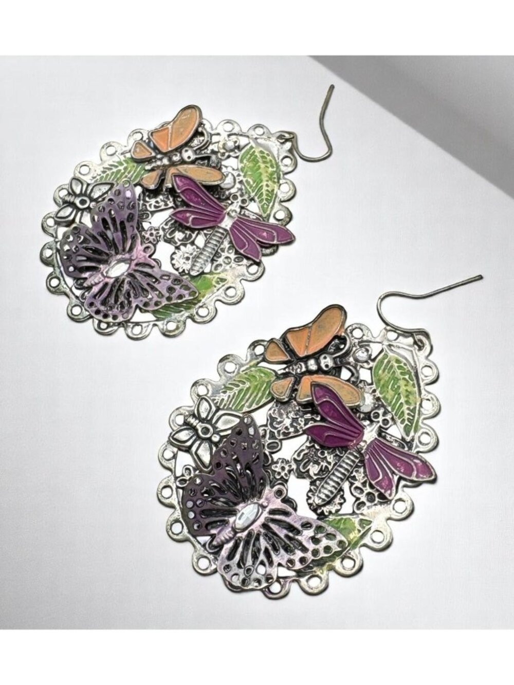 Butterfly Dragonfly Dangle Drop Earrings Nature Motif Silver Tone Hand Painted
